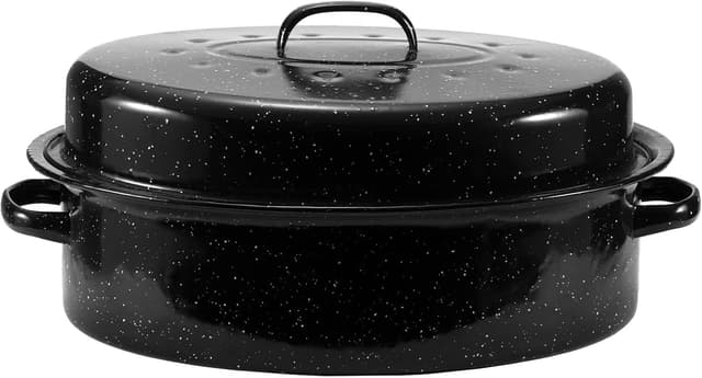 Detalle de JY COOKMENT Granite Roaster Pan (18 in) with Domed Lid, Oval Enamel Roasting Pan for Turkey, Chicken, and Vegetables
