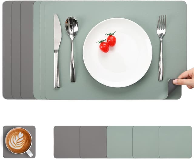 Detalle de Myir JUN Tischsets aus abwaschbarem PVC-Kunstleder (doppelseitig) inkl. Untersetzer, grau/salbeigrün – Set mit 6