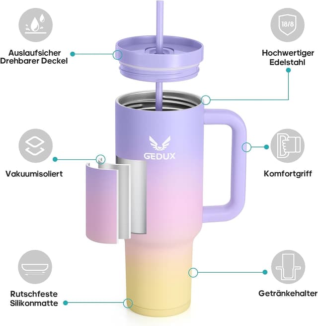 Detalle de Gedux Trinkflasche mit Strohhalm 1,2 l – Thermobecher mit Henkel, doppelwandiger Vakuumisolierung und auslaufsicherem Deckel