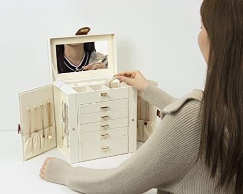 Detalle 2 de KAMIER joyero para mujer grande con espejo, 6 niveles y 5 cajones (blanco y marrón)