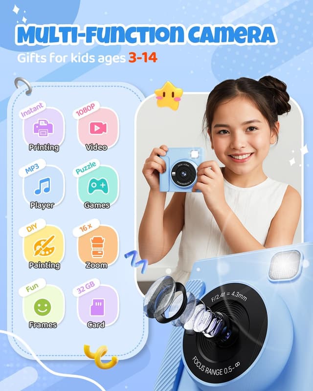 Detalle de TIATUA Kids Instant Print Camera (Blue) — 1080P HD Video, 32GB Card, Print Paper & Fun Accessories