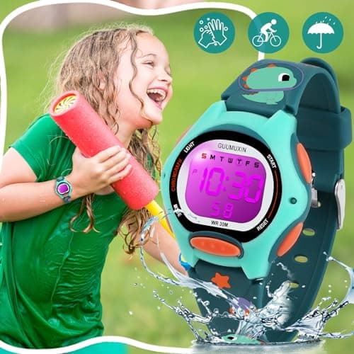 Detalle de GUUMUXIN reloj digital infantil con 7 luces LED, alarma y cronómetro (resistente al agua 3 ATM)