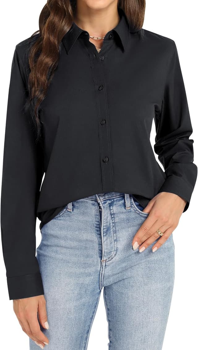 Detalle de J.VER Damen Bluse Business bügelfrei Langarm – Baumwolle/Elasthan, oversize, einfarbig mit Kragen