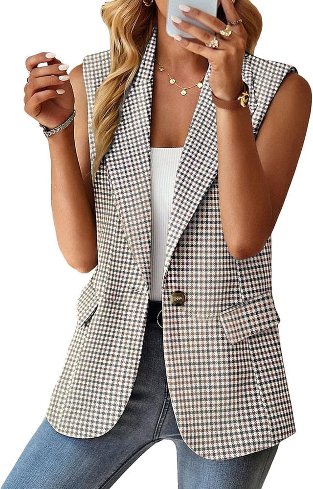 Detalle de Mina Self 2026 Summer Women’s Sleeveless Vest Top — Lightweight Fully Lined Blazer Style with Pockets