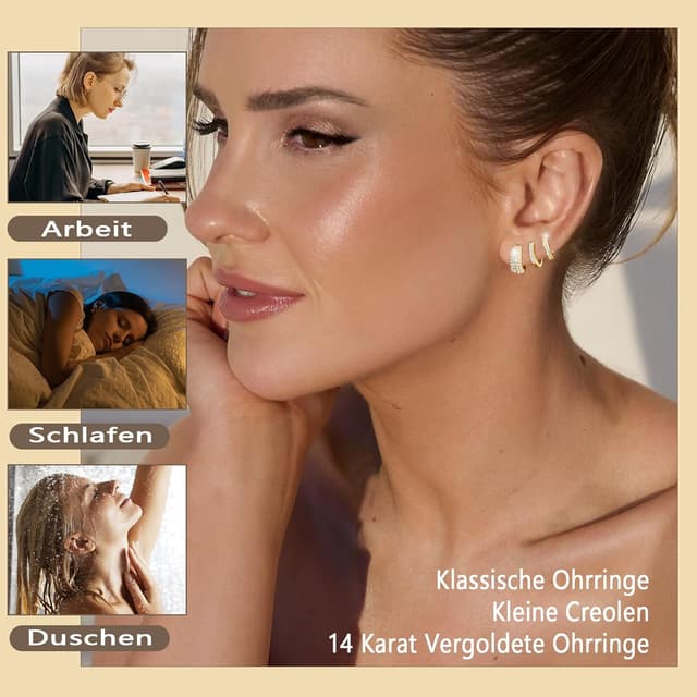 Detalle de Halora 3 Paar Creolen-Set aus Silber 925 (hypoallergen, nickelfrei) mit 14K Gold-Optik & Zirkonia