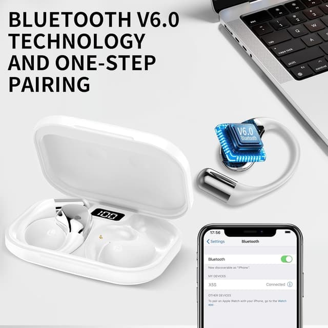 Detalle 2 de 2026 Cuffie Open Ear Bluetooth 6.0 con gancio morbido, controlli touch e autonomia fino a 40 ore (IP7) – Bianco