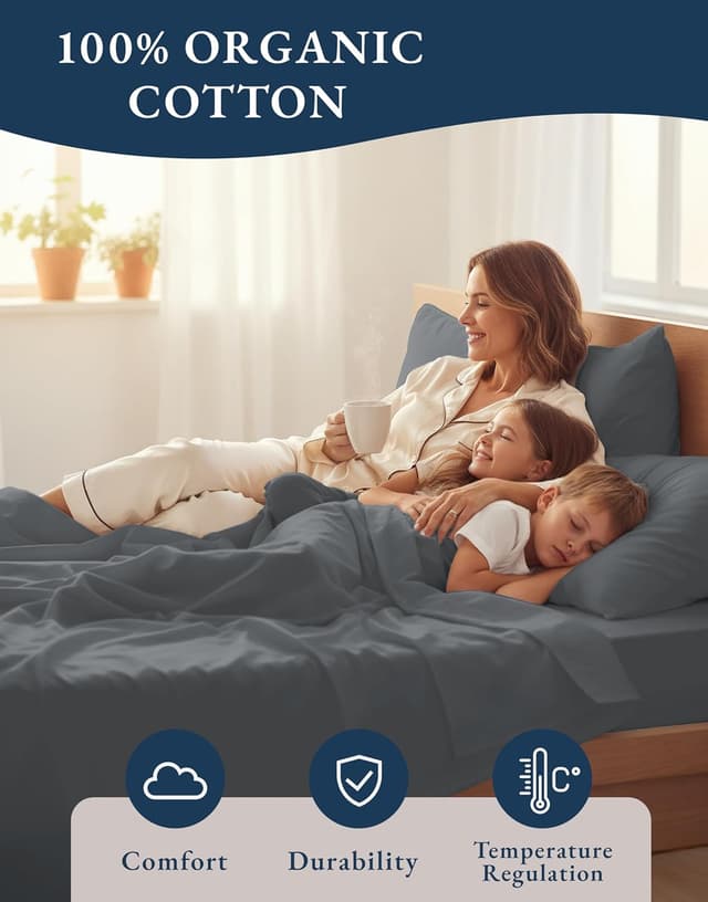 Detalle 2 de Lane Linen 100% Organic Cotton Twin Size 3-Piece Bed Sheets Set (Charcoal, Classic Percale)