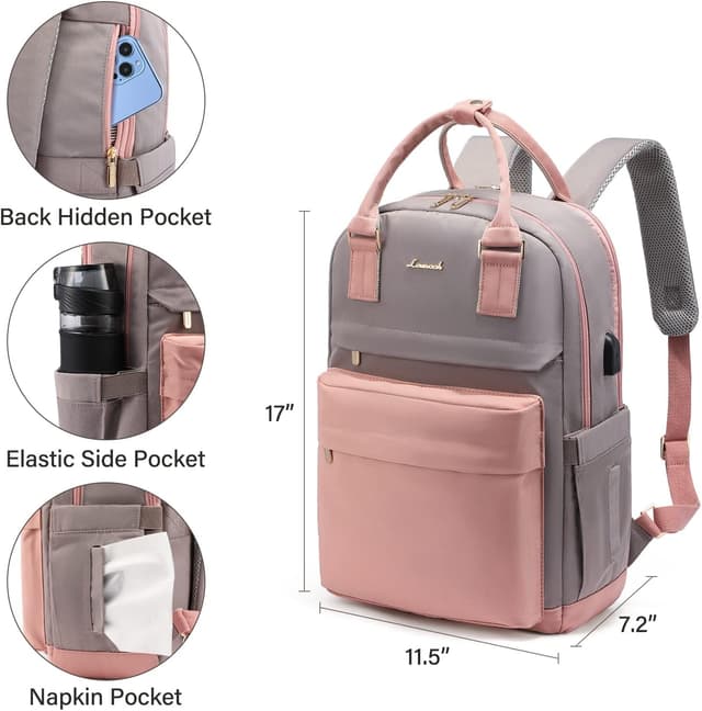 Thumbnail 6 de LOVEVOOK Rucksack Damen für 15,6-Zoll-Laptop (29 x 43 x 18 cm) – wasserdicht, mit USB-Anschluss, Rosa-Grau