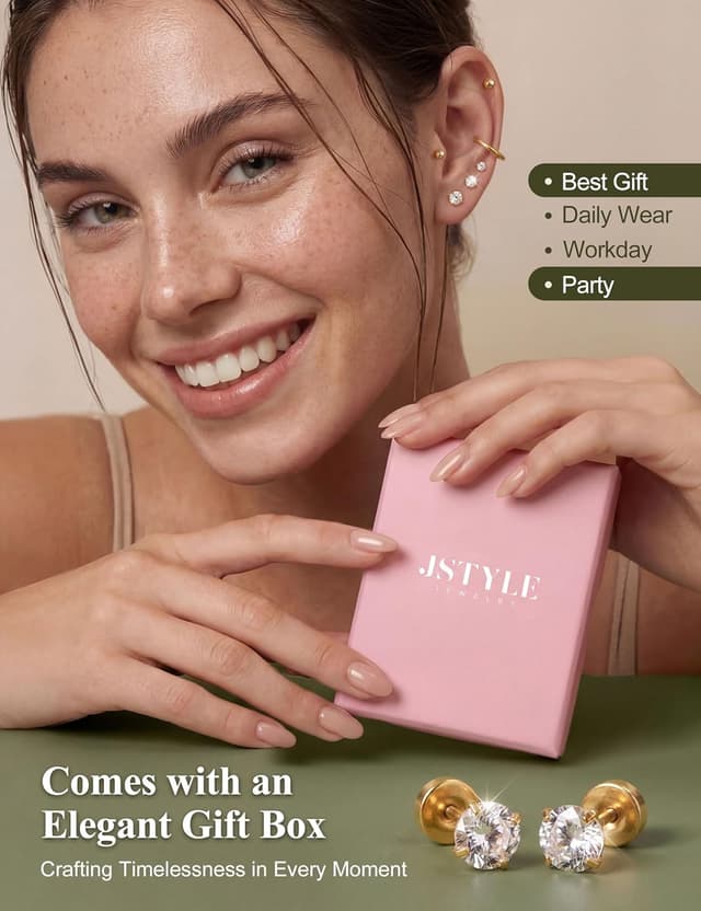 Thumbnail 5 de Jstyle Hypoallergenic 14K Gold Plated Studs for Sensitive Ears