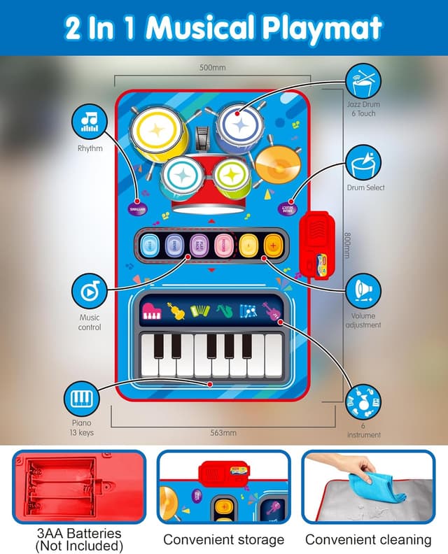 Detalle de Baby Musical Mat for 12–18 Month Boys & Girls (Blue) — Piano & Drum Touch Keys with Adjustable Volume