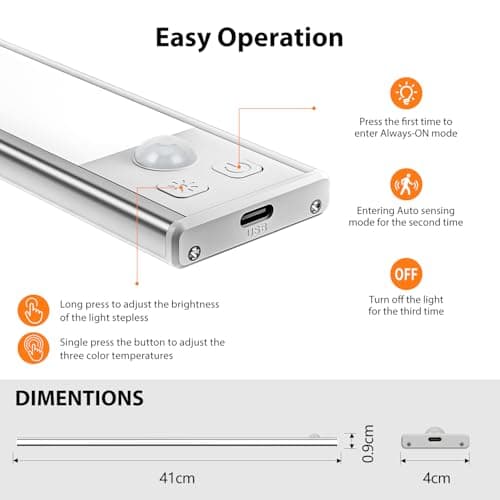 Detalle de Ylatoial Luz de armario con sensor de movimiento recargable magnética 41 cm, 3 temperaturas de color