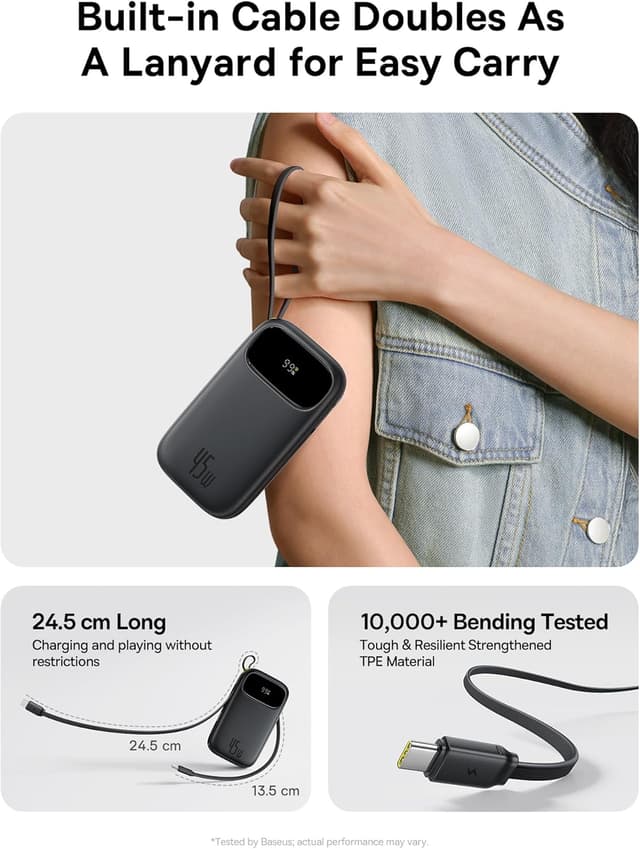 Detalle de Baseus Qpow3 20000mAh 45W power bank with integrated USB-C cable (PD3.0/PPS fast charging)