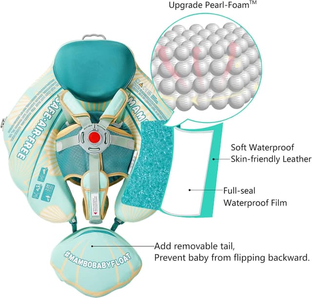 Detalle 2 de Mambobaby Float Add Tail Baby Swim Float with Canopy (Solid Pool Infant Trainer, Non-Inflatable Waist Ring) — Shell Green