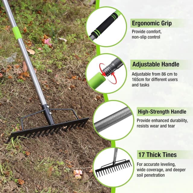 Detalle de WORKPRO 165 cm Adjustable Garden Rake with 17 Metal Tines and Heavy-Duty Steel Handle