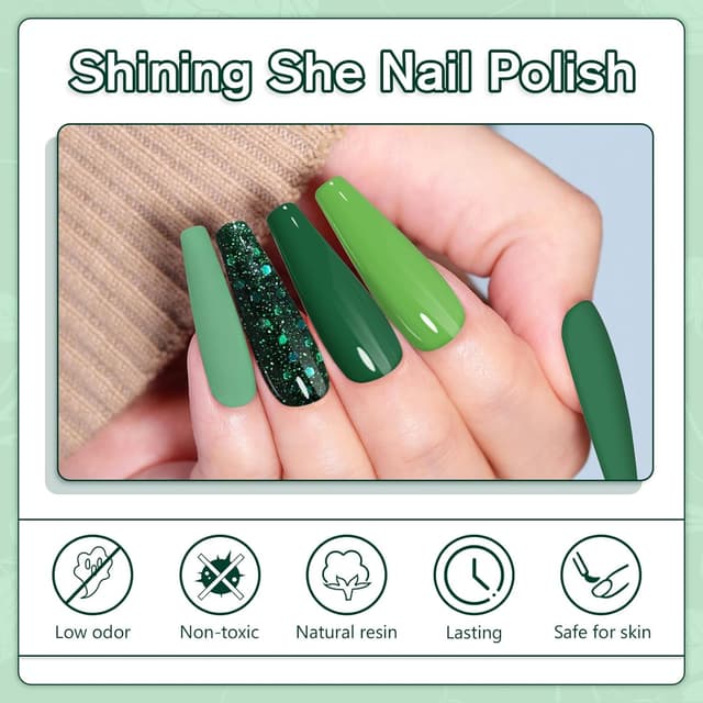 Detalle de Shining She UV-Gel Nagellack Set Grün mit 6 Farben (Glitzergrün & Dunkelgrün), 8 ml pro Flasche