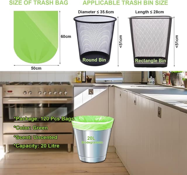 Detalle de Kitbest Biodegradable Bin Bags Liner 120pcs (20L) – Compostable Food Waste Caddy Liners, 50 x 60cm