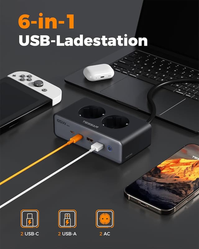 Detalle 2 de TESSAN Mehrfachsteckdose mit USB 6-in-1 (Überspannungsschutz, 4000 W, GaN PD 65 W, 1,5 m)