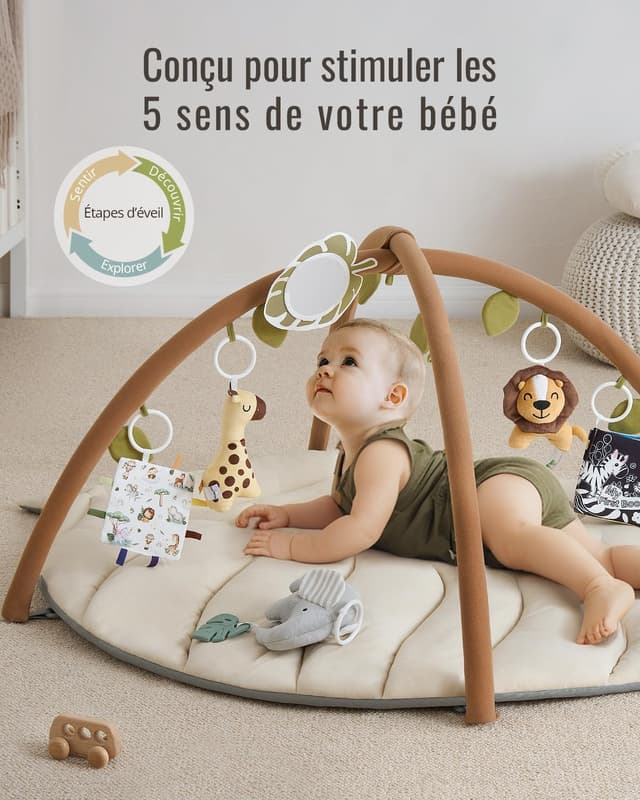 Detalle de Blissful Diary tapis d’éveil bébé avec arche amovible (forme feuille) et 6 jouets suspendus – Beige avoine