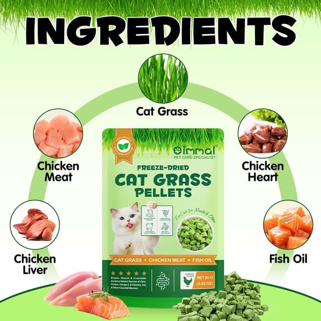 Detalle de Katzengras Snacks für innen mit Huhn & Fischöl (80 g, gefriergetrocknet) – für Verdauung, Haarballen & frischen Atem