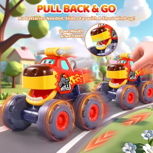 Detalle de OCATO Pull Back Monster Truck Toy Cars for 12–18 Months (3-Pack) — Gifts for 1-Year-Old Boys