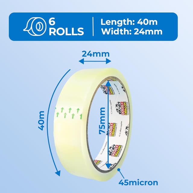 Detalle de Double Dragon Clear Packaging Tape (24mm x 40m) – 6 rolls, extra-strong parcel sealing tape