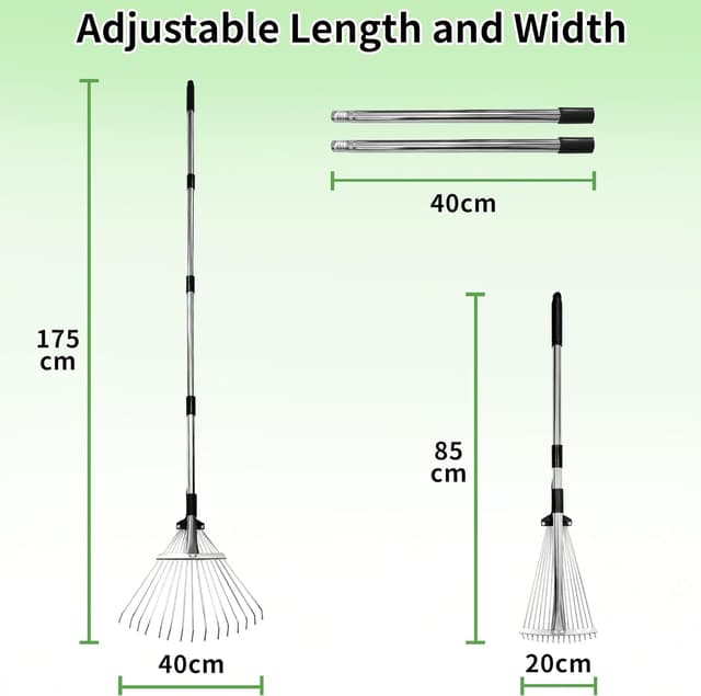 Detalle de TIKTALK Adjustable Leaf Rake (85–175cm) with Expandable Head, for Lawns & Tight Spaces