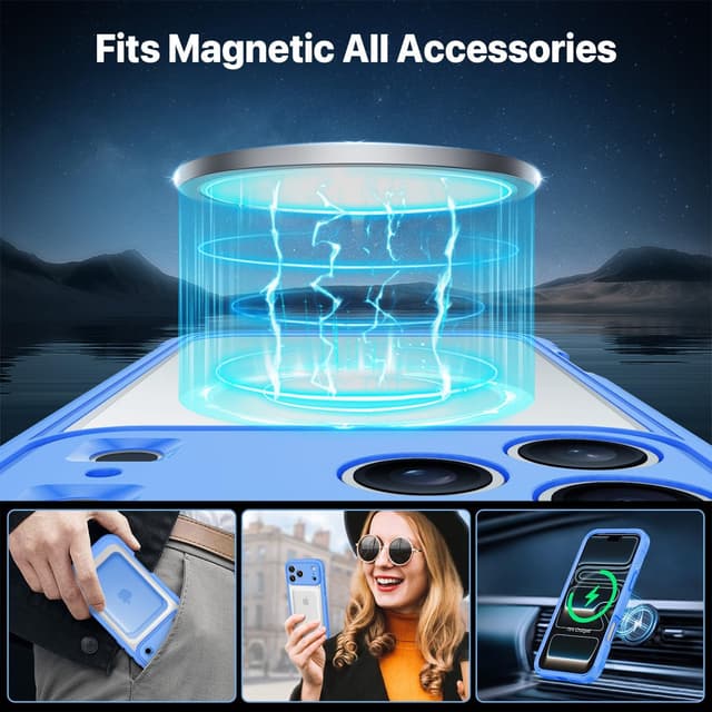 Detalle 2 de CENHUFO MagSafe iPhone 17 Pro case with built-in 9H glass screen protector – 360° shockproof bumper (Blue)