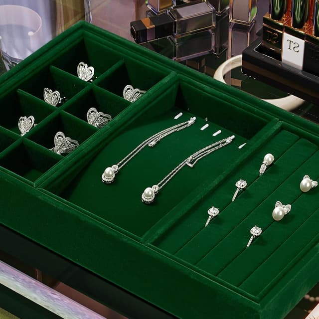 Detalle 2 de Papten Bandeja apilable de terciopelo para joyas, verde oscuro