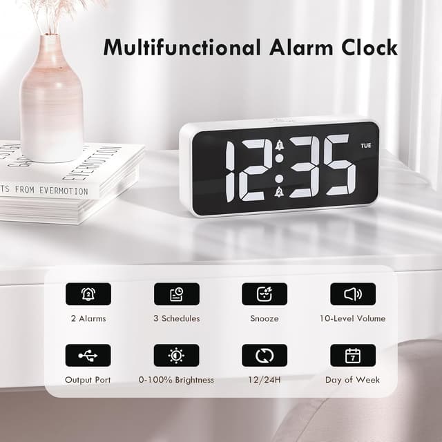 Detalle 2 de CHEREEKI Mains Powered Digital Alarm Clock for Bedside Use with Large LED Display, Dual Alarm & USB Charging