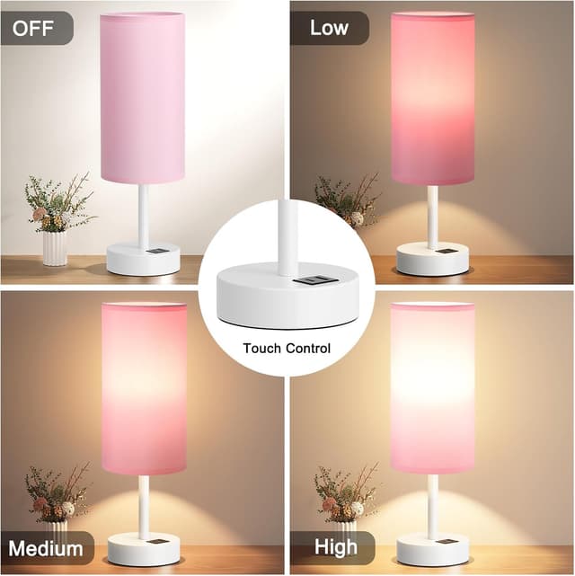 Detalle 2 de Aooshine Pink Bedside Lamps with Touch Control and USB-C + USB-A Charging Ports (White Base, Bulb Included)
