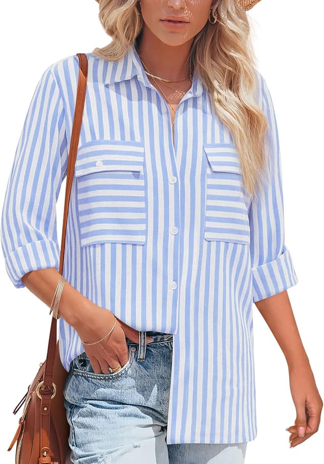 Detalle 2 de NONSAR chemisier à manches longues rayé en coton et rayonne pour femme, col en V boutonné