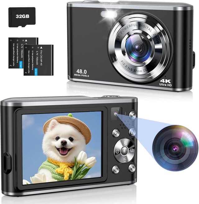 Detalle de ToAuite 4K UHD 48MP Dual-Lens Digital Camera with Dual Lens Autofocus, 16X Zoom and 32GB Card