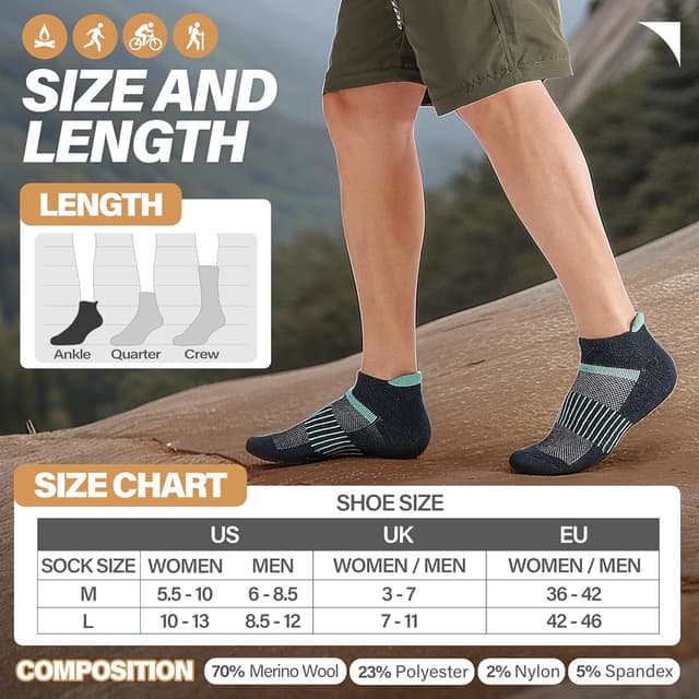 Detalle de Anlisim 6 Pairs Merino Wool Ankle Running & Hiking Socks with Compression Support