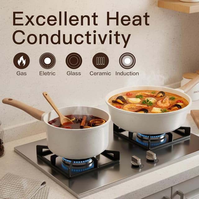 Detalle 2 de Non Stick Ceramic Pots and Pans Set (22-Piece) – Non-Toxic, Induction Compatible, Cream White Granite