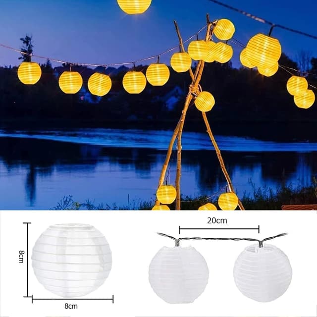 Detalle de Bowfar Solar-Lichterkette „Lampions“ für außen, 6 m, 30 LED, warmweiß (IP65, 8 Modi)