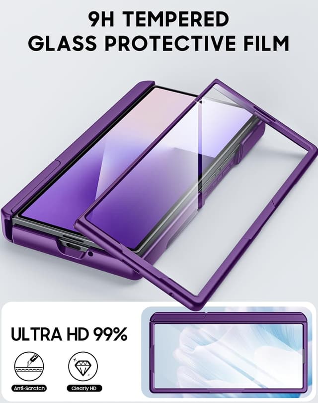 Detalle 2 de Vizvera for Samsung Galaxy Z Fold 7 Case with RFID Wallet, Stand & HD Tempered Glass (Purple)