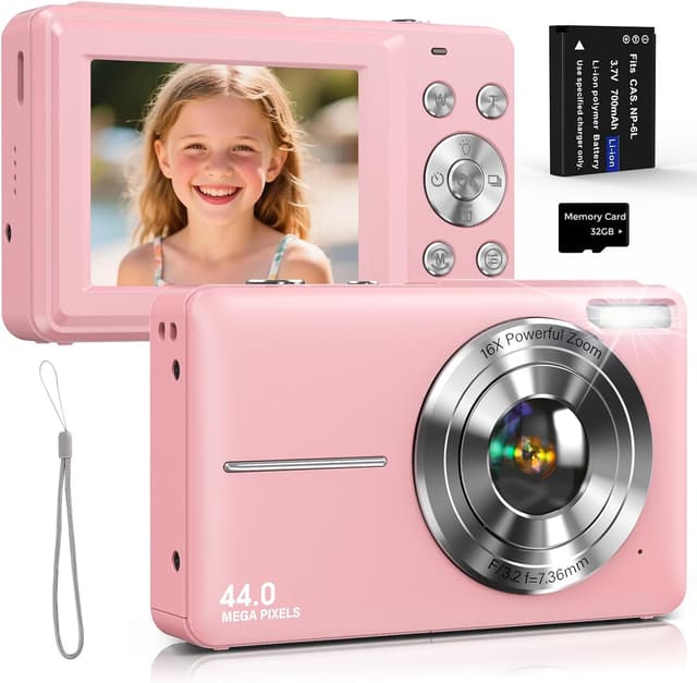 Detalle de Appareil photo numérique 44MP rose (anti-tremblement) avec vidéo HD 1080P, écran IPS 2,4”, zoom numérique 16X et carte 32GB