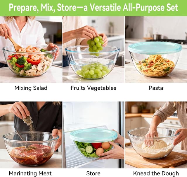 Detalle 2 de YUANYE 5 Pack Glass Mixing Bowls with Lids Set (5/2.5/1.5/0.9/0.6QT) with Nesting Design