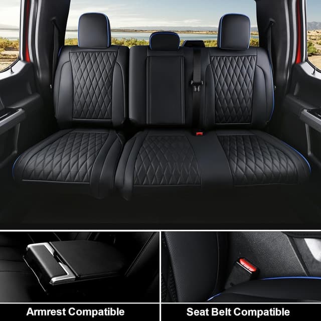 Detalle de Coverado Leather Ford F-150 / F-250 / F-350 Seat Covers Full Set (Blue line) — Waterproof, Custom Fit for 2015-2026 Crew Cab