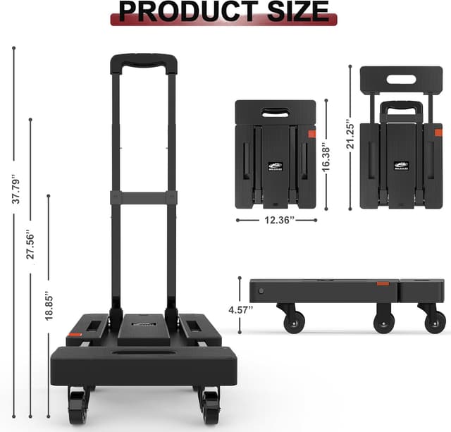Detalle de SOLEJAZZ Folding Hand Truck Dolly – 230kg portable trolley with 6 wheels, folding design and bungee straps