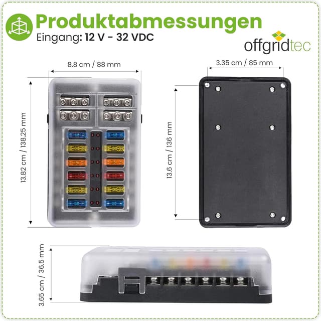 Detalle 2 de Offgridtec 12-fach Sicherungshalter mit LED-Anzeige, LED-Fehlererkennung und PBT-Gehäuse (inkl. 24 Flachsicherungen)