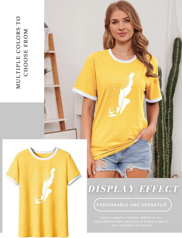 Detalle 2 de Dresswel Women Peace Dove Feather Graphic Print T-Shirt (Crew Neck, Short Sleeve) – Cotton Blend Summer Top