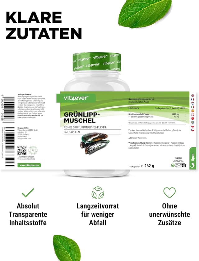 Detalle 1 de vit4ever Grünlippmuschel 365 Kapseln 💊