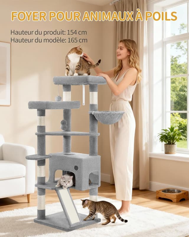 Detalle 2 de Hzuaneri Arbre à chat 153 cm gris clair MS15418LGV1 : spacieux, stable et pensé pour griffer