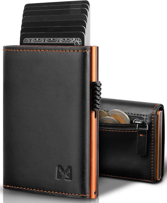 Detalle de MYSHION Herren-Geldbörse mit Münzfach, Sichtfenster & RFID-Schutz – Smart Wallet im Dreifach-Falt-Format (Schwarz Orange)