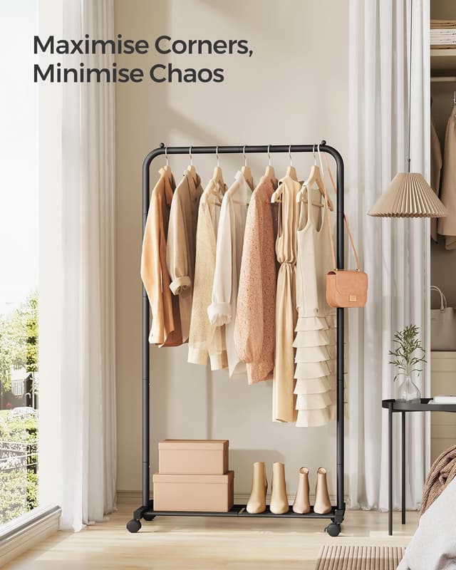 Detalle 2 de SONGMICS HSR130B01 Clothes Rack with Wheels (74 cm) with Mesh Storage Shelf and 2 Brakes