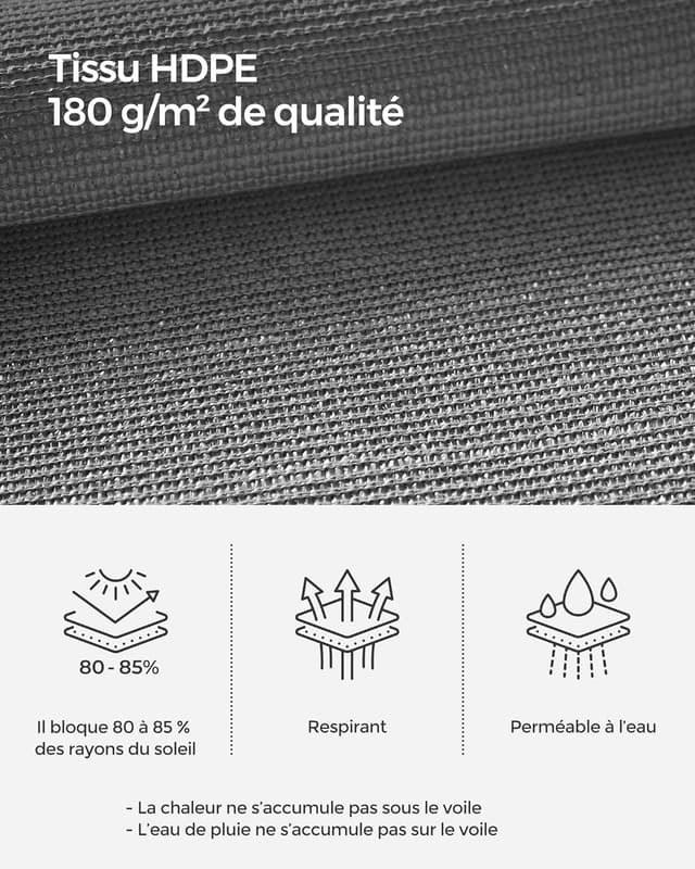 Detalle de SONGMICS Voile d’Ombrage 3 x 5 m GSS35GY gris anthracite – protection solaire en HDPE respirante et perméable à l’eau