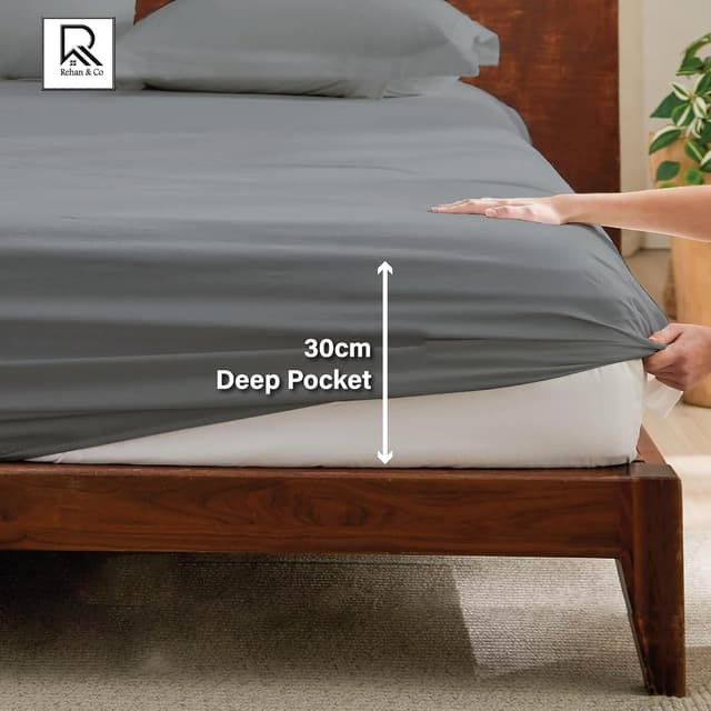 Detalle 2 de Rehan & Co 100% Egyptian Cotton 300 Thread Count Deep Fitted Sheet (12”/30cm) – Grey, Double