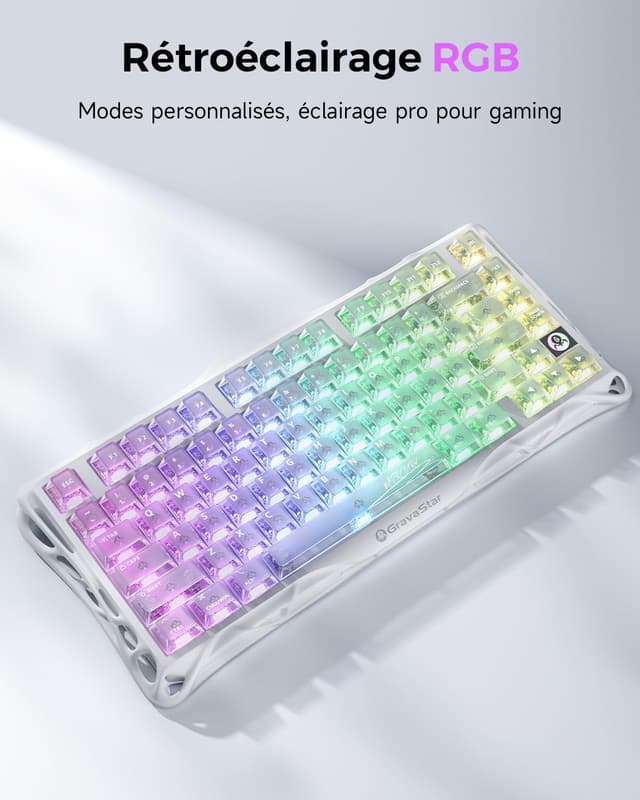 Detalle de GravaStar Mercury K1 Lite — clavier mécanique gamer 75% Crystal Aurora (BT 5.0 / 2,4G / USB-C, QWERTY)