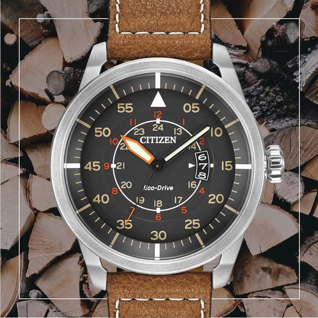 Detalle de Citizen Men’s Eco-Drive 3-Hand Date Avion Watch (AW1361:10H) with Leather Strap